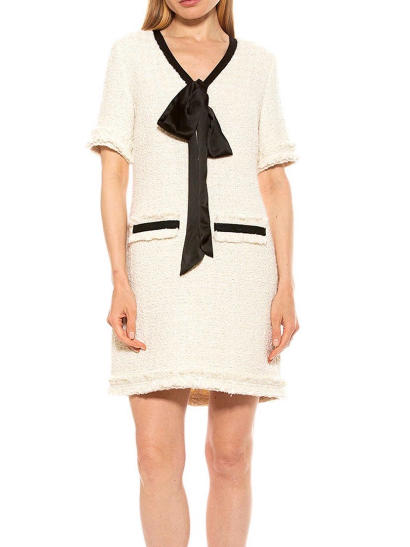 Cream Tweed Shift Dress With Silk Black Bow Neck Tie